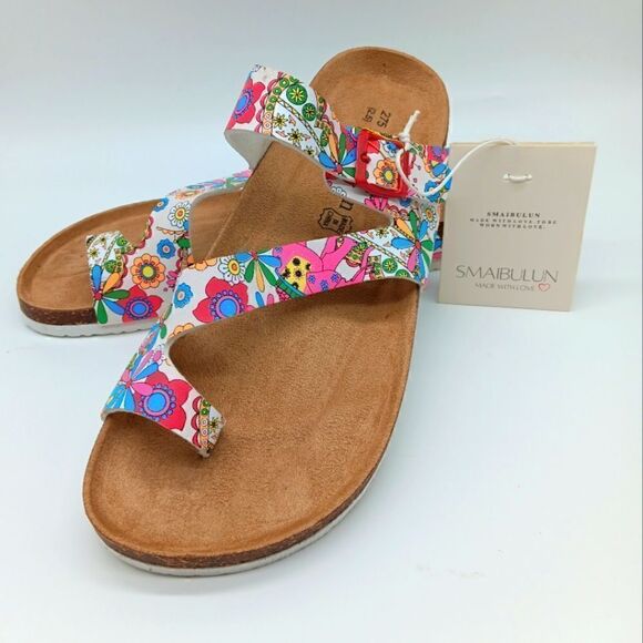 NWT SMAIBULUN Colorful White Strappy Slide Clog Sandals - Maibulun Size 12 - Picture 1 of 12
